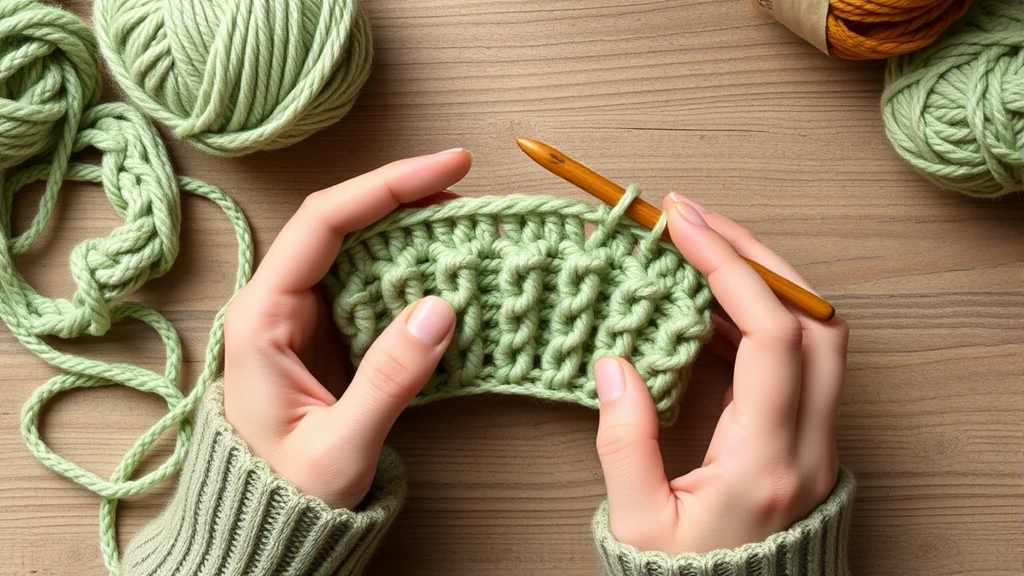 Overhead view of hands working half double crochet in sage green yarn with wooden hook, partially completed rows visible, cozy crafting setup with natural lighting