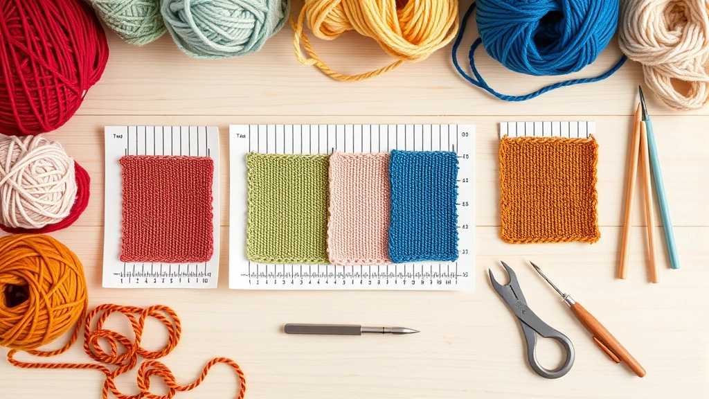 Overhead view of multiple gauge swatches in different yarn colors, measuring tools and hooks arranged on clean wooden table, soft natural lighting, organized crafting setup