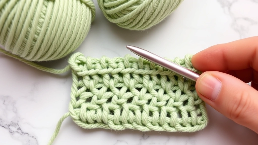 Detailed view of perfect single crochet stitches in sage green cotton yarn, even tension visible, hook placement demonstration, bright daylight LED lamp lighting, marble surface