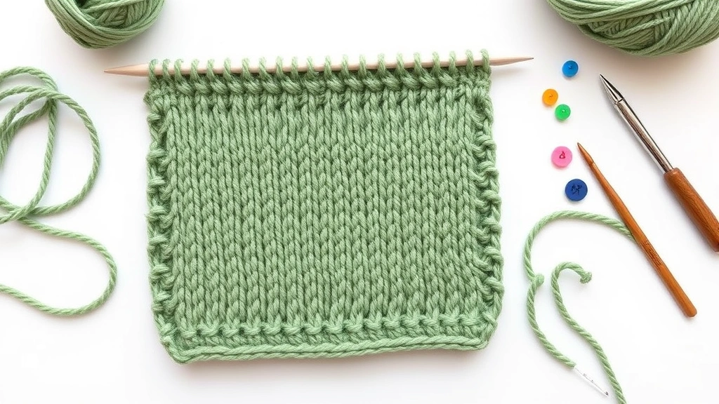 Overhead view of completed gauge swatch in sage green yarn with measuring tools, stitch markers, and hook nearby, clean white background, organized crafting setup