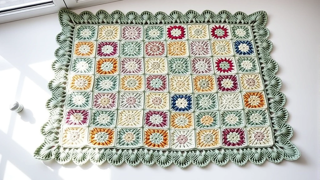 Flat lay of completed granny square afghan with decorative shell border in sage green yarn, all squares visible, natural window light, clean white background