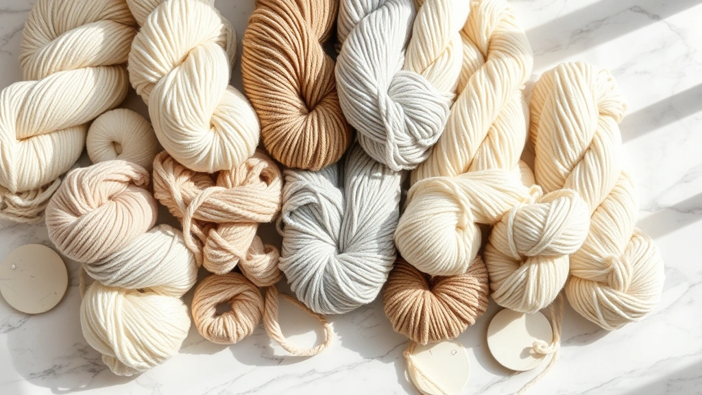 Collection of yarn skeins in neutral colors arranged on marble surface, various textures including wool and acrylic, soft natural lighting, crafting atmosphere