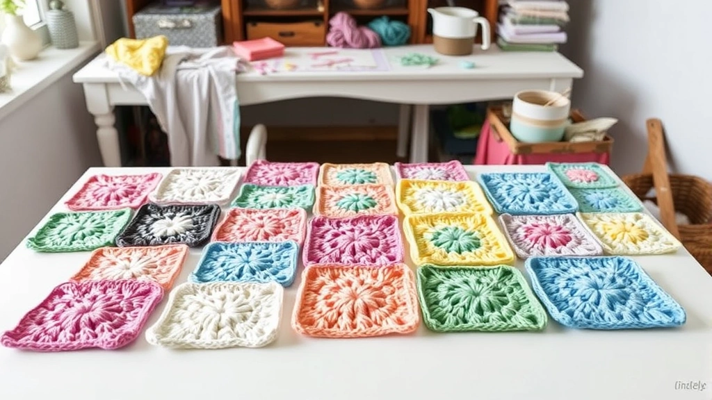 Collection of completed granny squares arranged on white surface, various pastel colors, different sizes showing progression, soft natural lighting, crafting workspace atmosphere