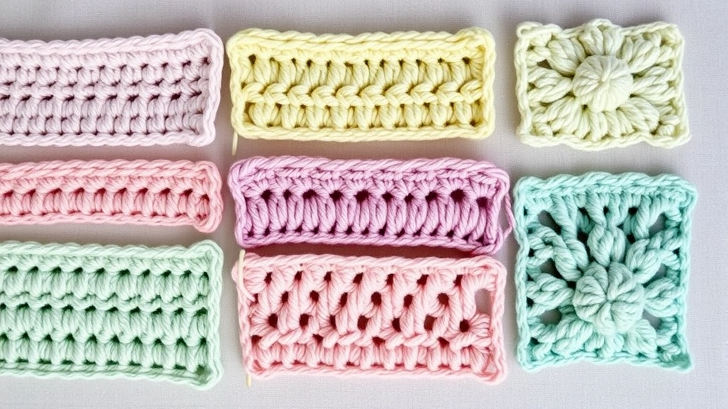 Variety of crochet stitch samples laid flat showing texture differences, including single crochet, double crochet, shell pattern, and bobble stitch in coordinating pastel colors, soft overhead lighting
