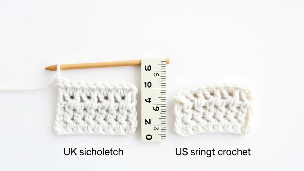 Comparison of stitch heights showing UK double crochet next to US single crochet, measuring tape visible, bright studio lighting, neutral background