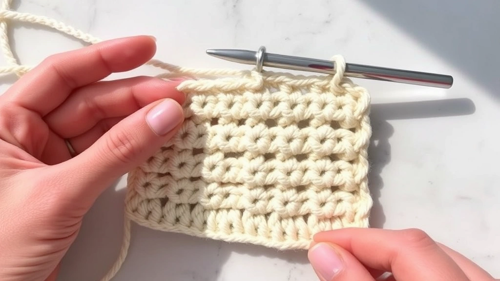 Close-up of corner-to-corner crochet technique in cream colored yarn, hands positioning hook through diagonal blocks, natural daylight, marble countertop, detailed stitch definition visible