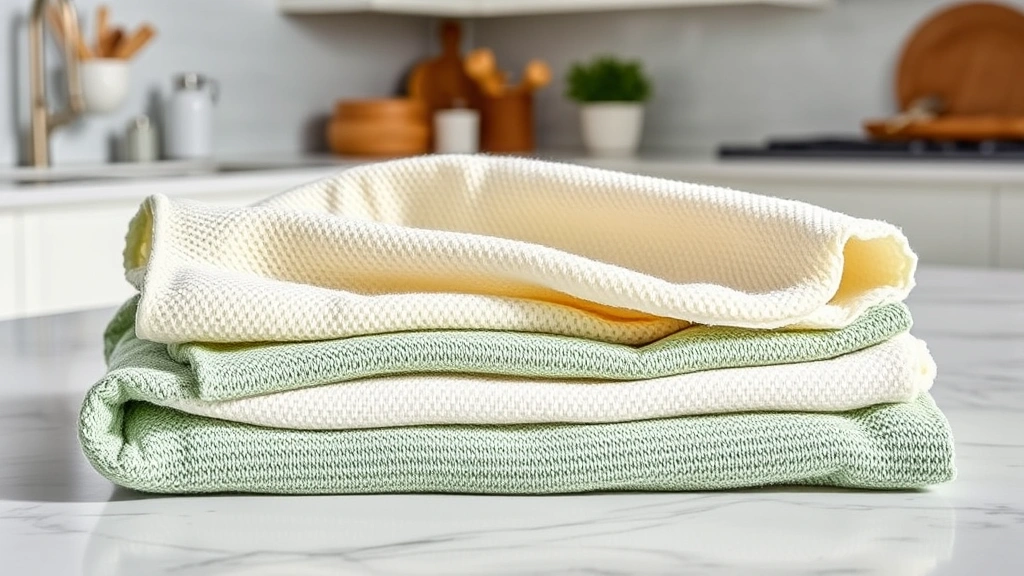 Finished cotton dishcloths in sage green and cream colors, folded neatly on marble countertop, natural daylight, clean modern kitchen setting, textural detail visible