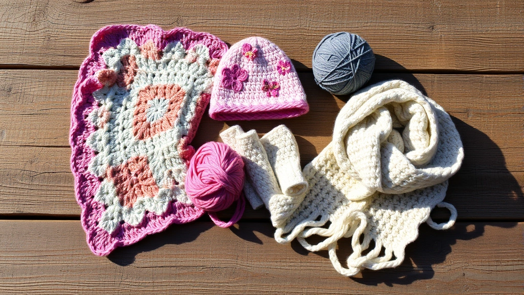Finished crochet projects arranged on rustic wooden surface, baby blanket, hat, scarf displayed, various yarn weights and colors, afternoon sunlight, completed handmade items showcase