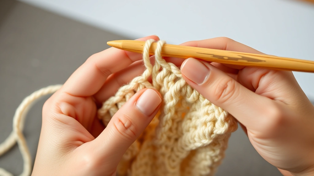 Side angle of hands crocheting showing yarn flow through fingers, cream colored worsted weight yarn, bamboo crochet hook, focused on finger positioning and yarn control