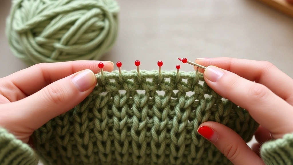 Red stitch markers placed in crochet work to mark beginning of rows, sage green yarn project, hands positioning markers, cozy indoor lighting