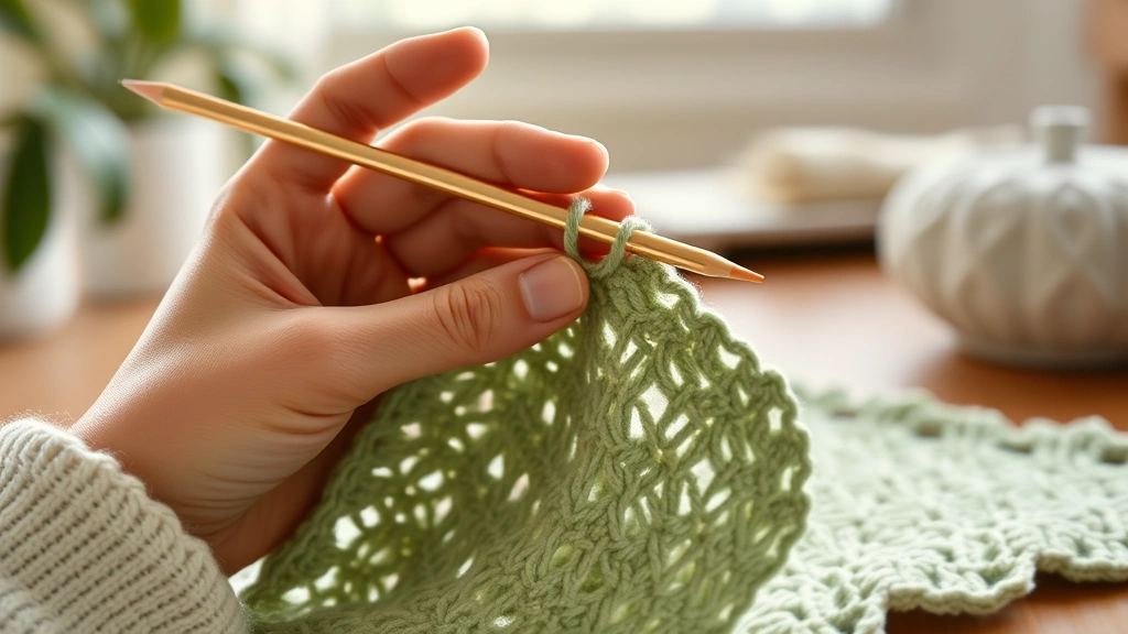 Side view of hands holding crochet hook in proper pencil grip position, working on sage green dishcloth, comfortable home setting, soft afternoon light, ergonomic hand positioning visible