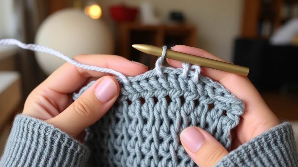 Hands inserting crochet hook through both loops of single crochet stitch, showing proper technique, warm indoor lighting, partially completed gray project visible
