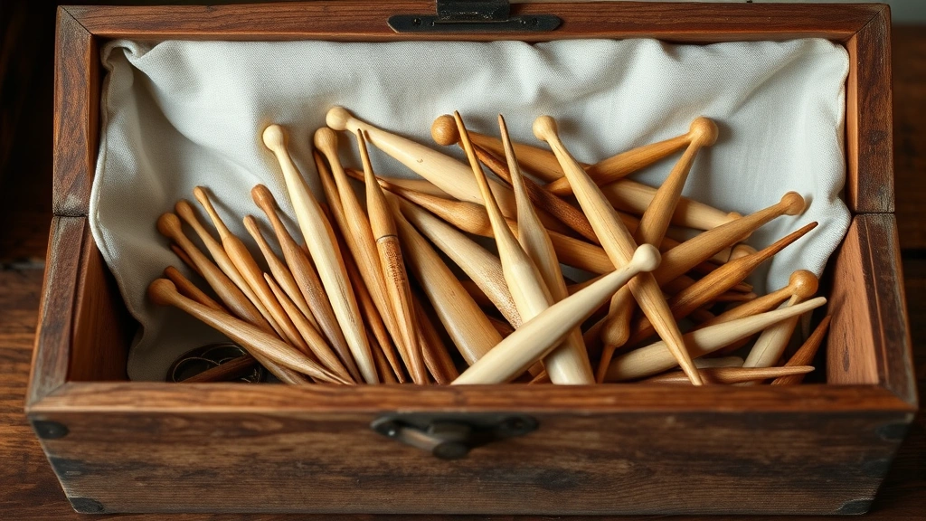 Antique wooden box filled with vintage bone crochet hooks, aged patina visible, soft fabric lining, gentle overhead lighting, heirloom crafting tools arrangement, nostalgic atmosphere