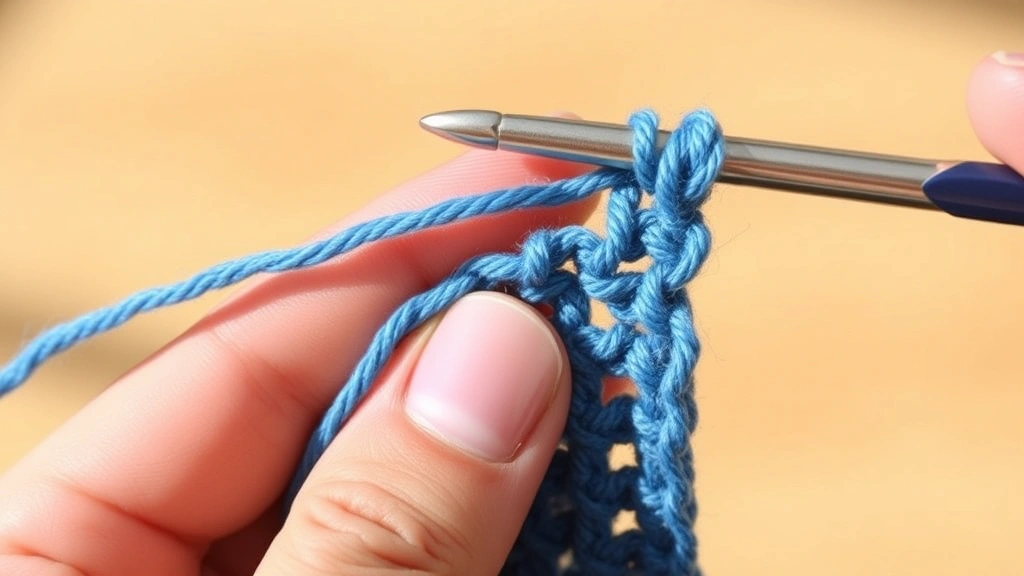 Side view of proper yarn tension hold, fingers threading blue cotton yarn between pinky and index finger, hook creating single crochet stitches, warm natural lighting