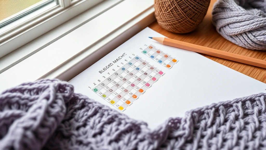 Detailed shot of crochet stitch chart with colored pencils marking completed rows, half-finished lavender project beside it, soft window light, cozy crafting setup