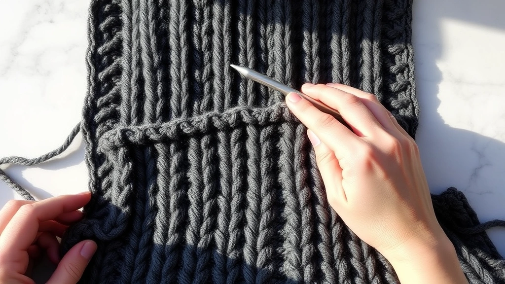 Work-in-progress thermal stitch scarf in charcoal gray yarn, front post double crochet stitches visible, hands positioning hook, marble table surface, afternoon lighting