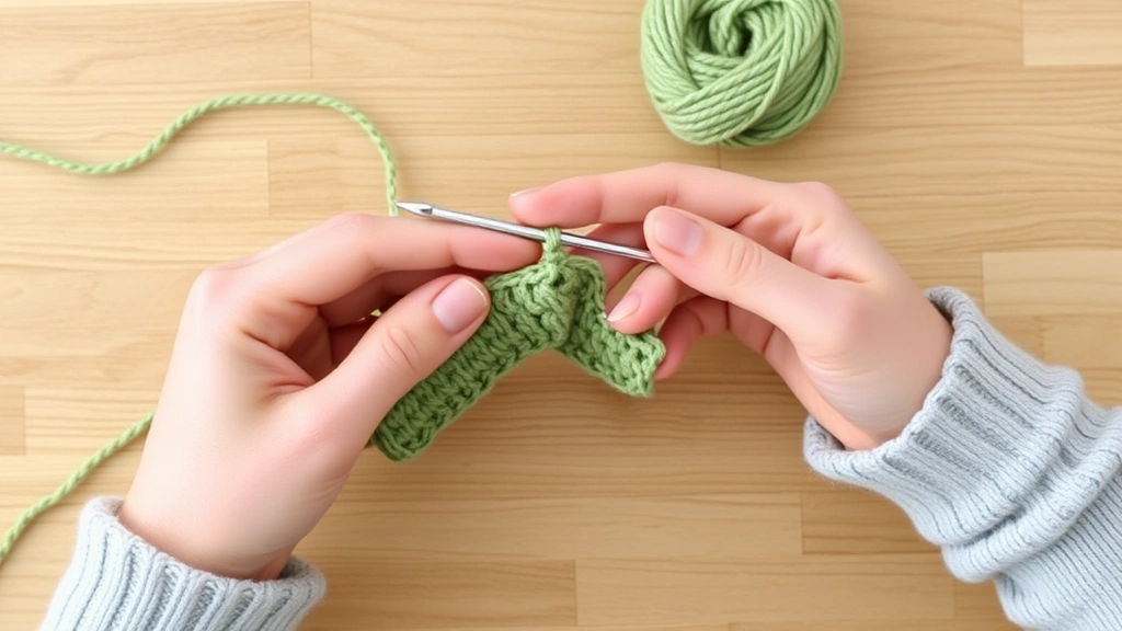 Side view of proper hand positioning while crocheting, both hands working together, medium weight yarn in sage green, wooden table surface, demonstrating yarn control