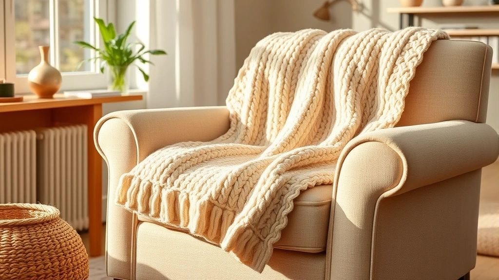 Cozy living room scene with chunky shell stitch throw draped over beige armchair, warm afternoon light, neutral home decor, blanket texture prominently displayed