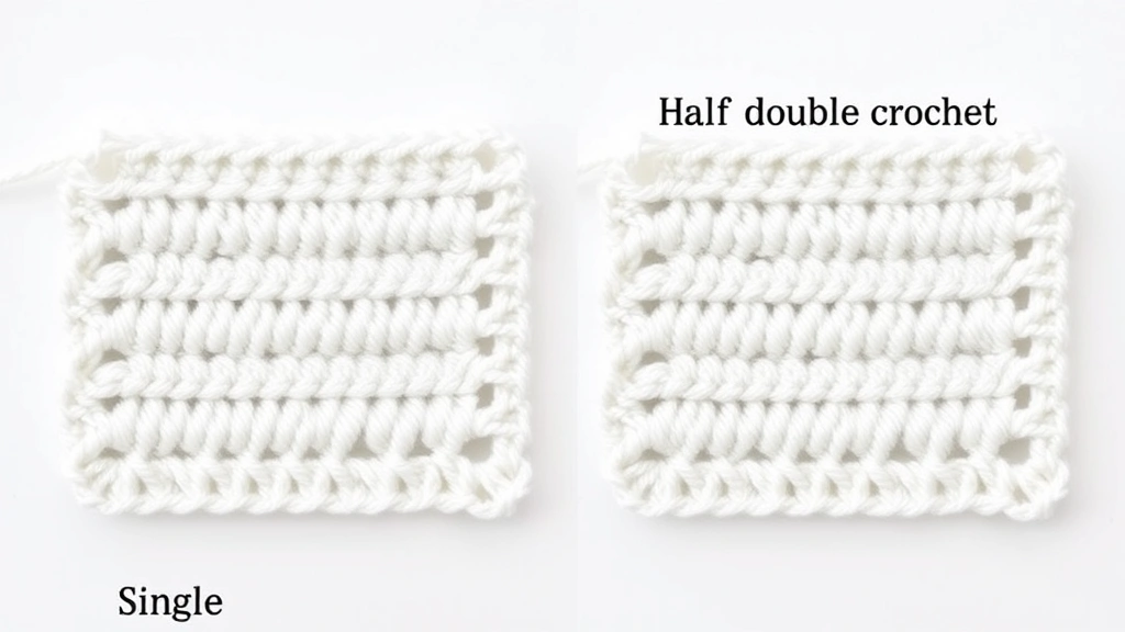 Side-by-side fabric swatches showing texture difference between single crochet and half double crochet in white cotton yarn, clean studio lighting, neutral background