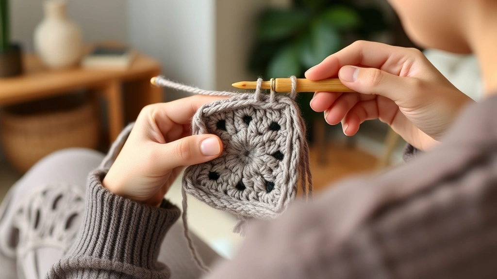 Side view of crocheter creating gauge swatch with worsted weight yarn, bamboo hook in motion, partially completed square visible, cozy home atmosphere, focused hands
