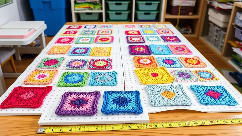 Professional blocking setup with colorful granny squares pinned to foam mats, T-pins arranged precisely, measuring tape visible, organized craft room setting, natural lighting