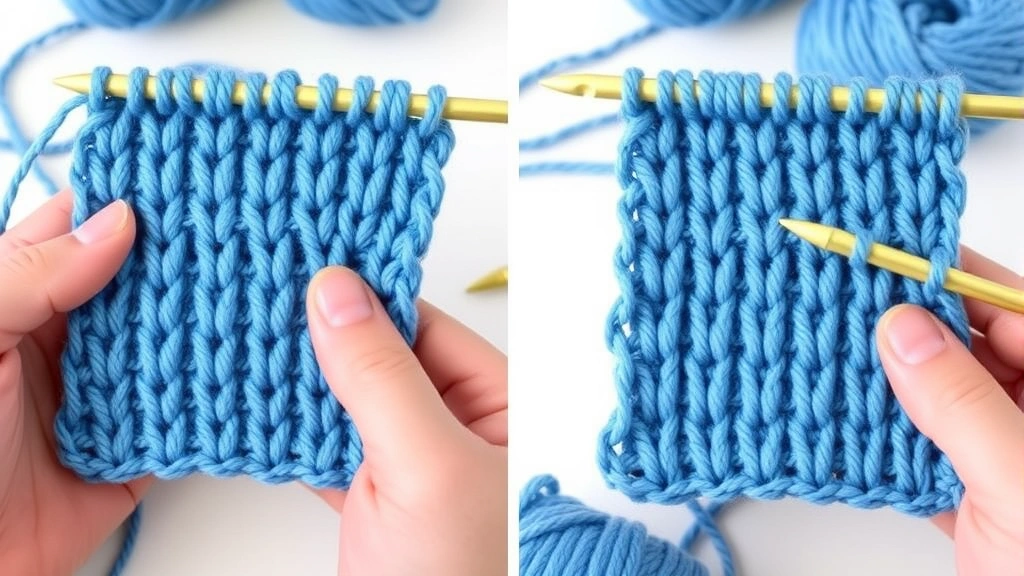 Side-by-side comparison of two gauge swatches in different hook sizes, same blue yarn, hands holding both pieces, demonstrating gauge difference clearly