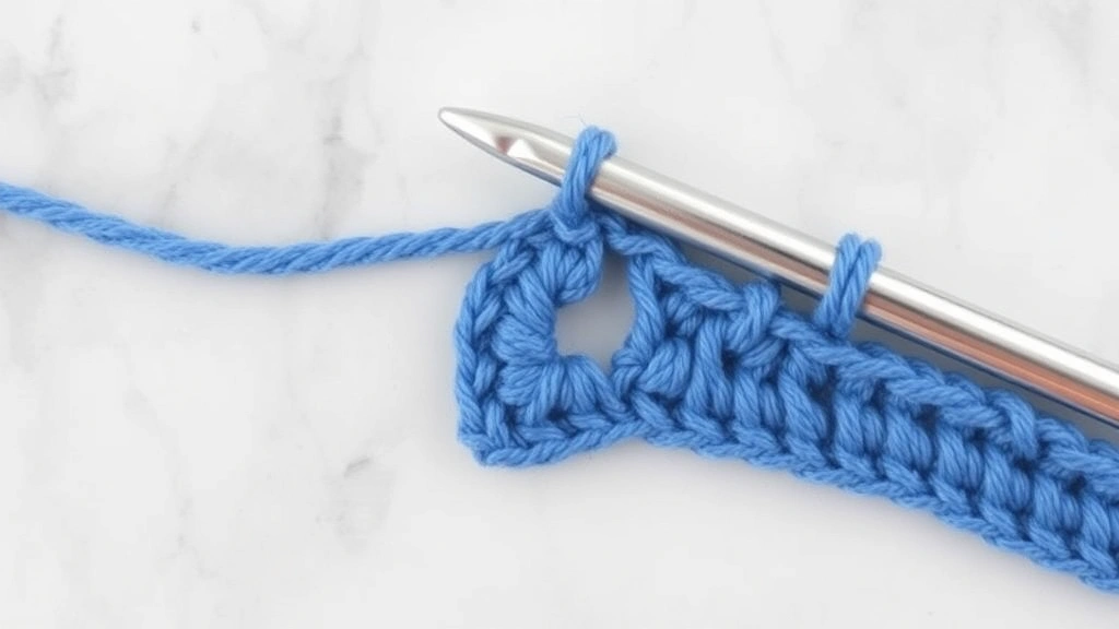 Detail shot of corner technique showing three single crochet stitches worked into corner space, worsted weight blue yarn, silver aluminum hook, marble countertop surface