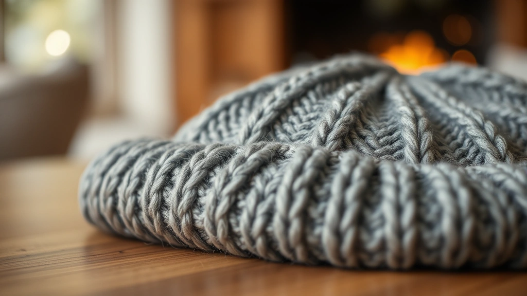 Close-up of finished gray wool beanie showing cable stitch texture, folded neatly on wooden surface, warm indoor lighting, cozy home setting
