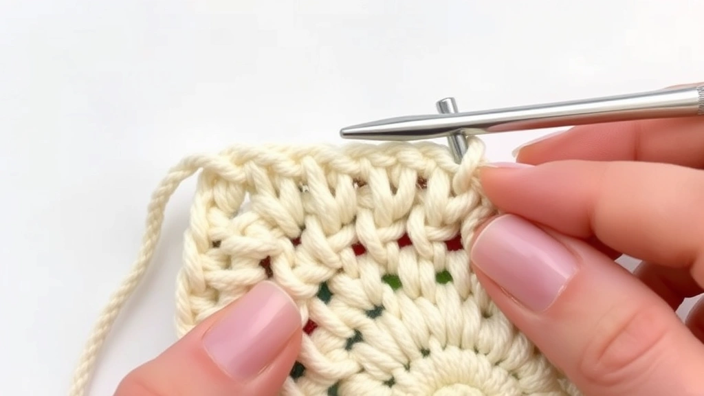 Close-up of granny square corner detail being worked, cream colored yarn, aluminum hook creating chain space, fingers positioned for proper tension, clean background
