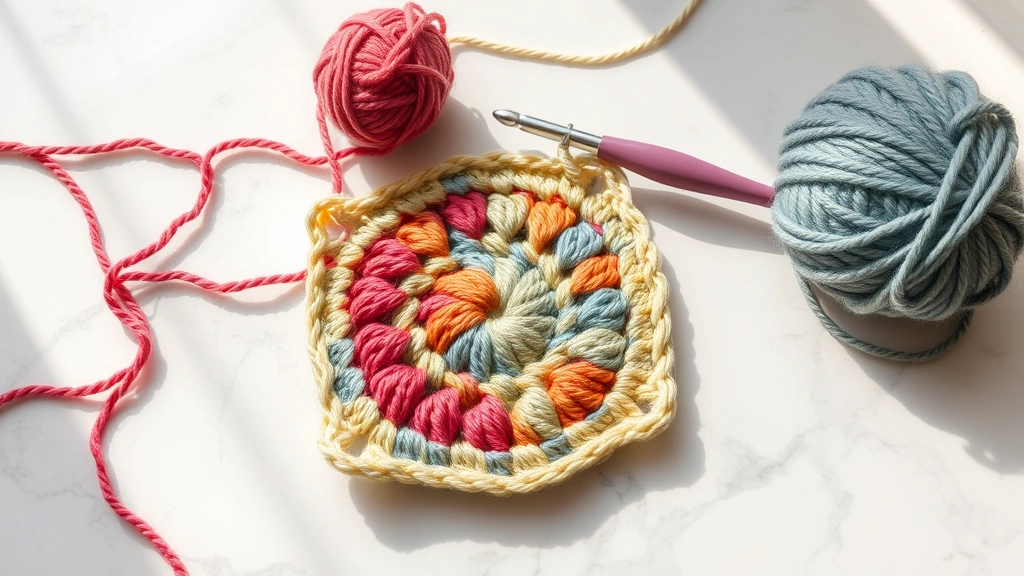 Work-in-progress crochet project showing half-completed granny square with multiple colored yarns, crochet hook resting on marble surface, bright natural light, cozy crafting atmosphere visible