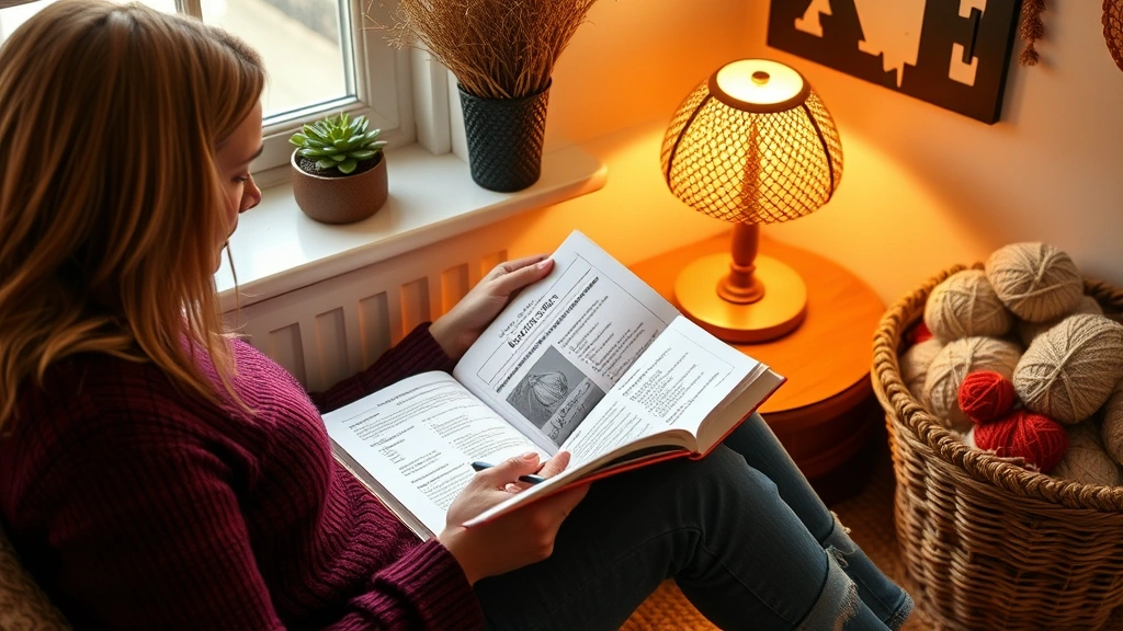 Crocheter working from international pattern book with conversion notes, cozy reading nook setting, warm lamp lighting, yarn basket nearby