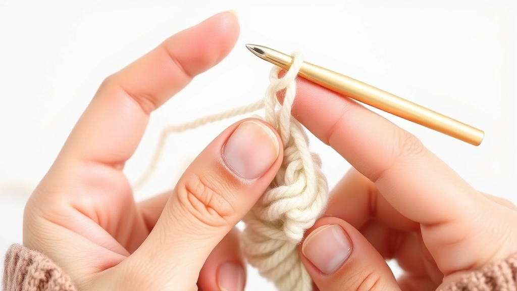 Close-up hands demonstrating proper yarn holding technique, working yarn wrapped around pinky finger, natural lighting, clean white background, crochet hook visible, relaxed grip
