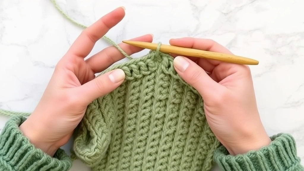 Side view of hands crocheting with correct yarn tension, medium weight yarn in sage green, wooden crochet hook, marble countertop surface, fingers positioned naturally