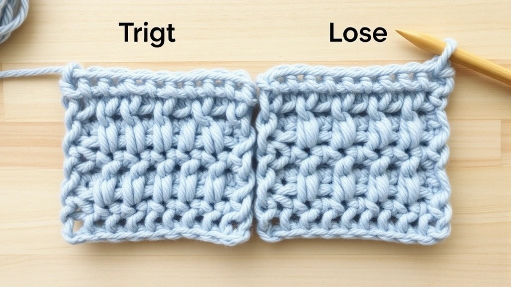 Overhead shot comparing tight versus loose yarn tension in crochet stitches, two fabric swatches side by side, natural daylight, craft room setting, clear stitch definition