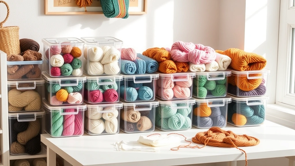 Organized yarn storage system with multiple colorful skeins in clear containers, natural lighting, clean white craft table, hands selecting yarn, cozy crafting atmosphere