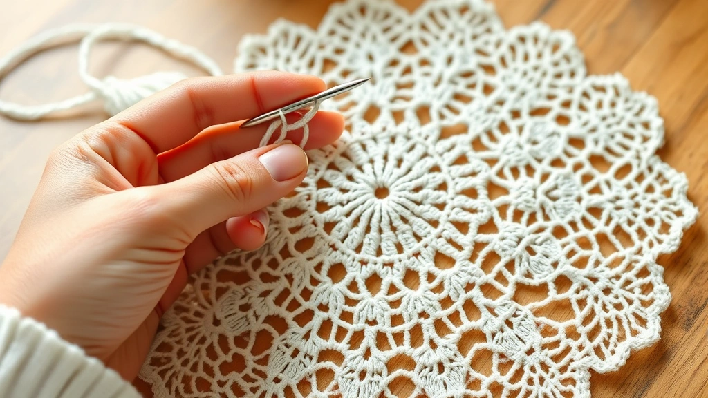 Close-up hands crocheting delicate white lace doily with fine cotton thread, silver steel hook, intricate fan pattern emerging, soft natural lighting
