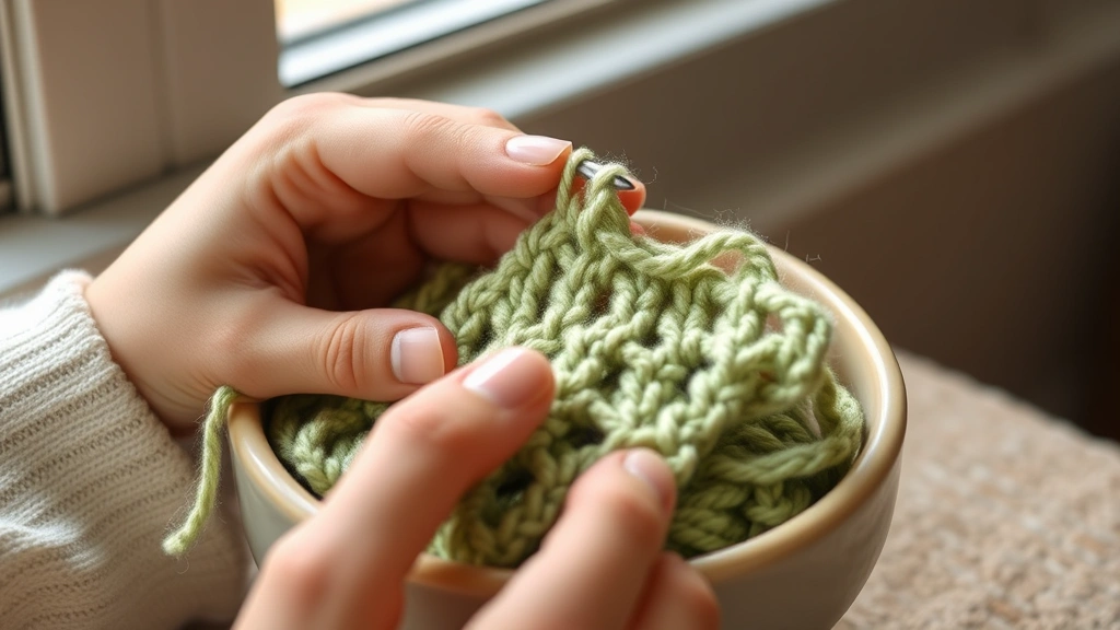 Close-up of hands crocheting with proper yarn tension, sage green yarn feeding smoothly from ceramic bowl, soft window light, partially completed stitches visible