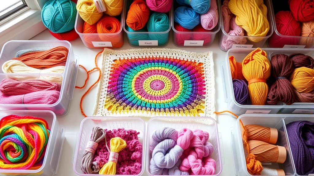 Multi-color crochet project in progress with separate yarn containers, rainbow colored yarns organized in labeled compartments, bright natural lighting, tidy workspace setup