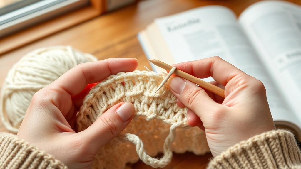 Close-up of hands holding crochet hook working double crochet stitches in cream yarn, natural window light, wooden table surface, pattern book visible nearby