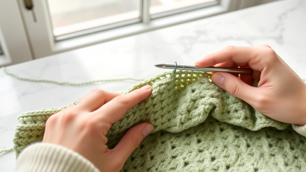 Close-up hands crocheting straight edge on sage green cotton blanket, 5mm aluminum hook, natural window light, white marble table, perfect stitch alignment visible, cozy crafting atmosphere