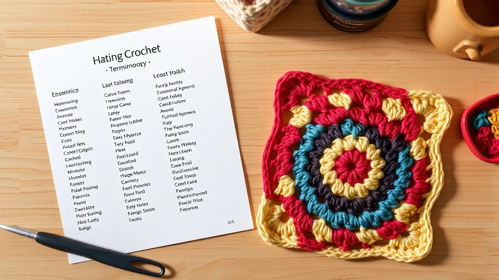 Overhead view of crochet terminology reference card next to partially completed granny square in rainbow colors, soft lighting, organized crafting workspace setup