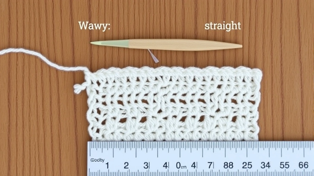 Overhead view comparing wavy versus straight crochet edges side by side, cream worsted weight yarn, wooden background, measuring ruler showing difference, natural daylight photography, educational demonstration