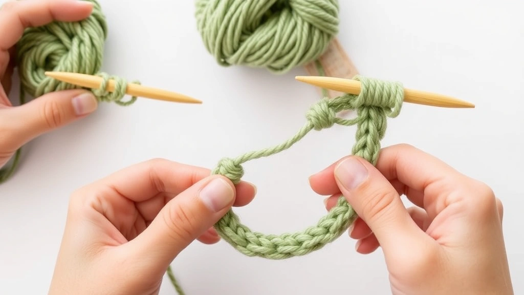 Hands demonstrating magic ring technique with sage green yarn and bamboo hook, step-by-step positioning visible, clean white background, detailed finger placement