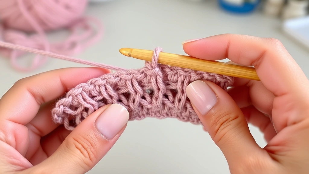 Hands placing stitch marker in first stitch of crochet row, dusty pink acrylic yarn, bamboo hook, soft home lighting, partial project visible, demonstrating proper technique