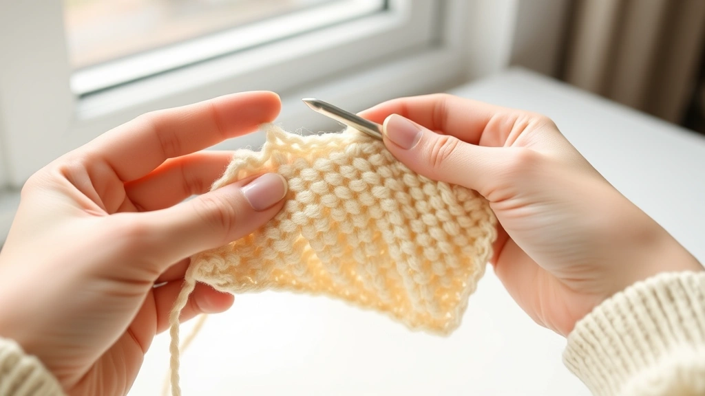 Close-up of hands demonstrating single crochet technique with cream worsted yarn and aluminum hook, natural window lighting, clean white surface, stitch formation clearly visible