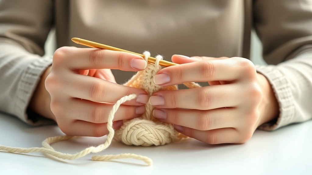 Close-up of relaxed hands demonstrating proper crochet hook pencil grip with cream colored worsted yarn, natural window lighting, clean white workspace surface