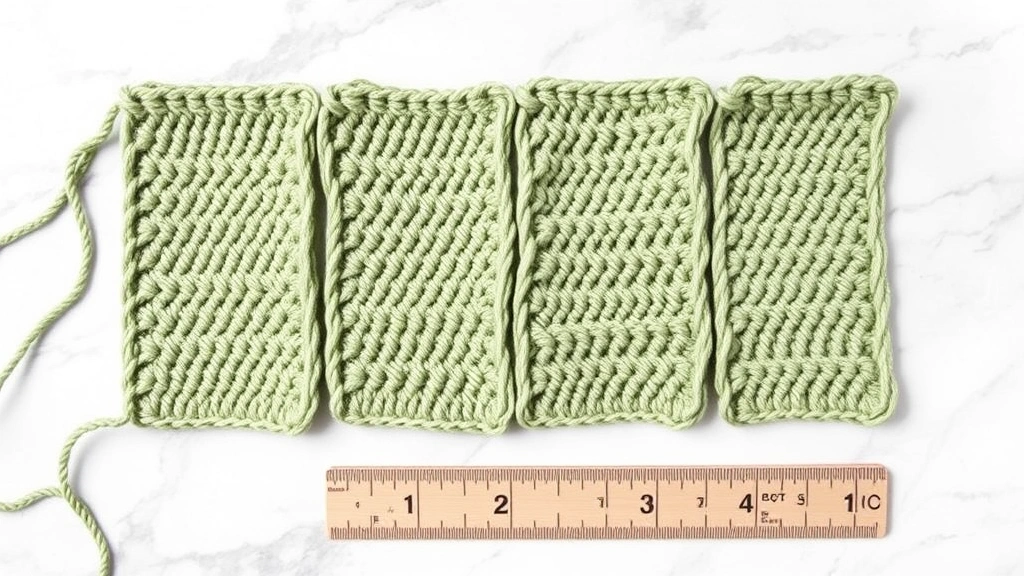 Four swatches showing height comparison of basic crochet stitches in sage green yarn, arranged on marble surface, soft natural lighting, ruler beside for scale reference