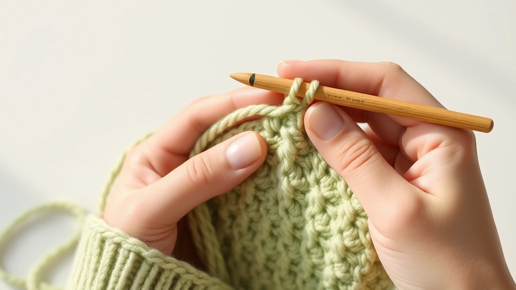 Side view of hands crocheting single crochet stitches showing yarn tension control, sage green cotton yarn, wooden hook, soft natural lighting background