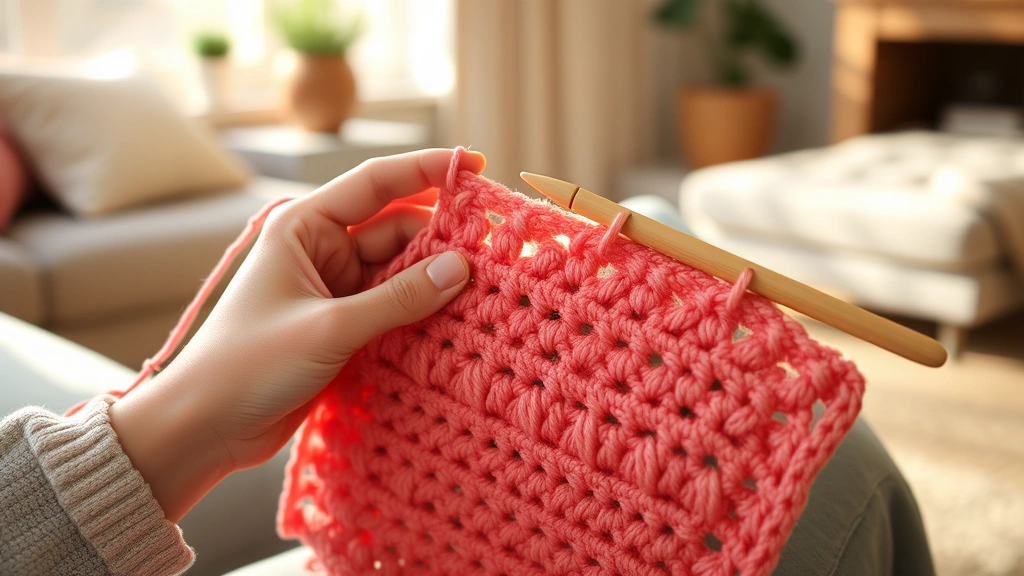 Hands working double crochet stitches on coral colored afghan square, bamboo hook visible, cozy living room setting, warm afternoon light streaming through window