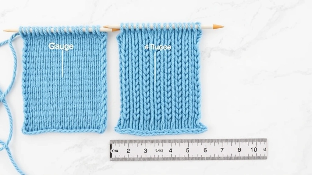 Flat lay comparison of three gauge swatches in different tensions, light blue yarn, measuring ruler visible, bright even lighting, marble surface